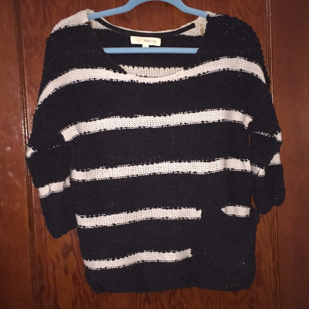 Striped 3 quarter sleeve crochet knit sweater